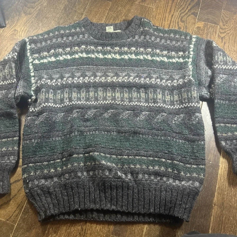 Vintage Eddie Bauer Sweater Mens Large Gray Green Aztec Wool Blend Fair Isle